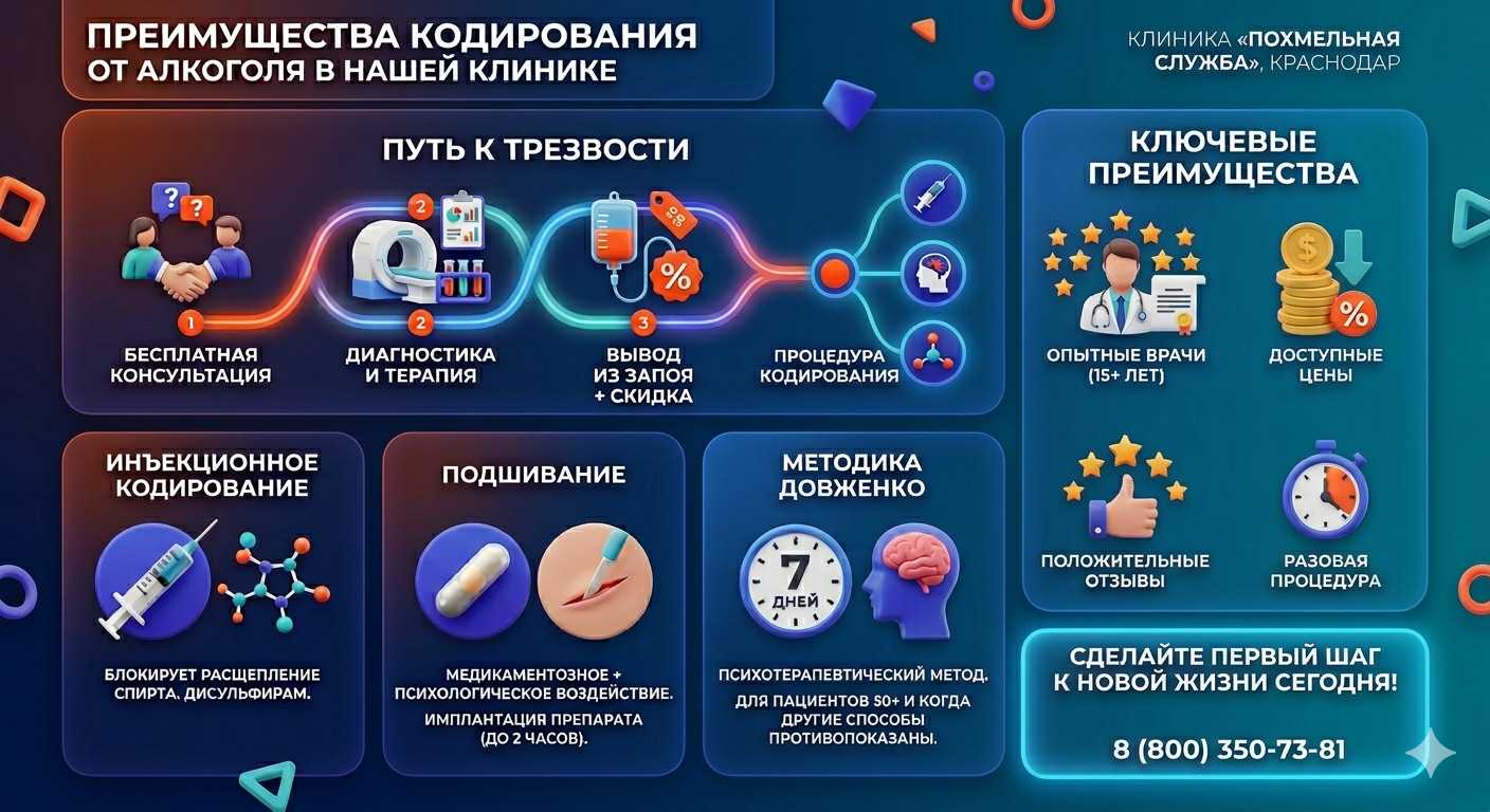 Инфографика о методах кодирования от алкоголя в Далматово: инъекции, подшивание, метод Довженко. Преимущества клиники и этапы лечения.