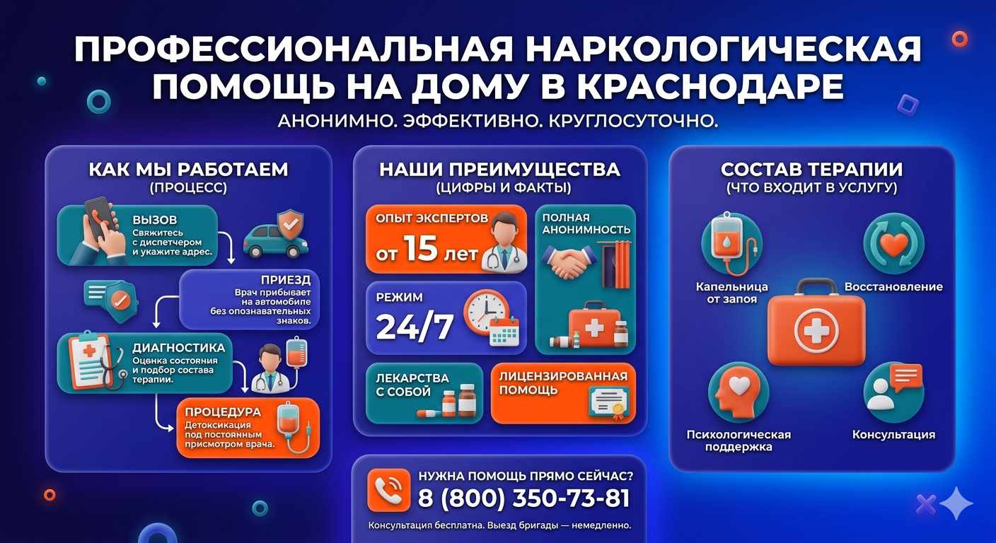 Инфографика о принципах лечения алкоголизма на дому в Далматово: этапы вызова нарколога, преимущества анонимной детоксикации и состав медицинской помощи.
